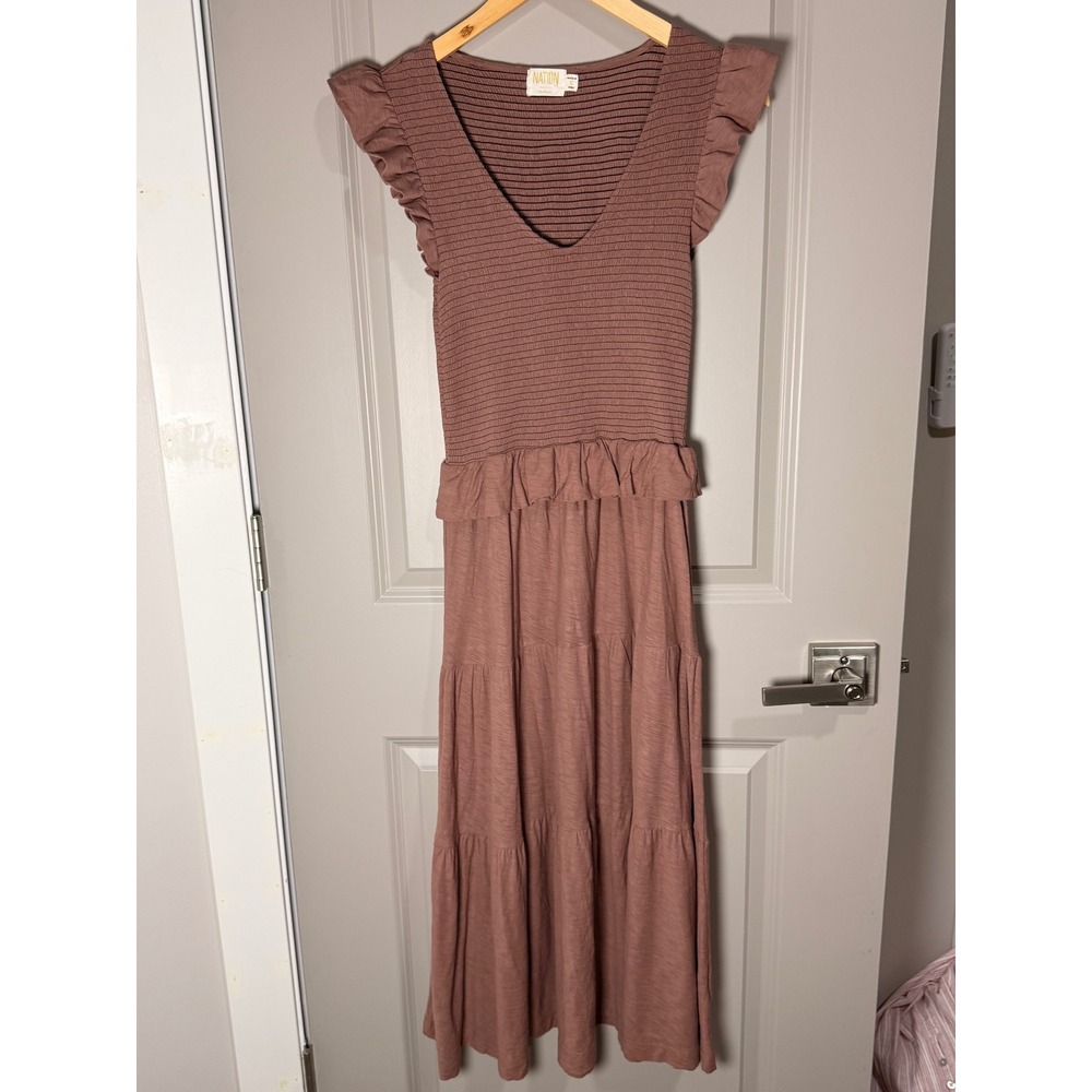 Nation LTD Mauve Rose Smocked V-Neck Ruffle Tiered Cotton Maxi Dress Size S